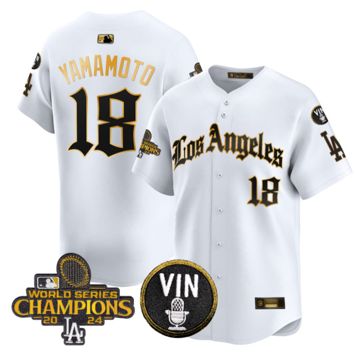 Yamamoto Jersey #18 Dodgers 2025 LA Gothic Style Stitched White Gold