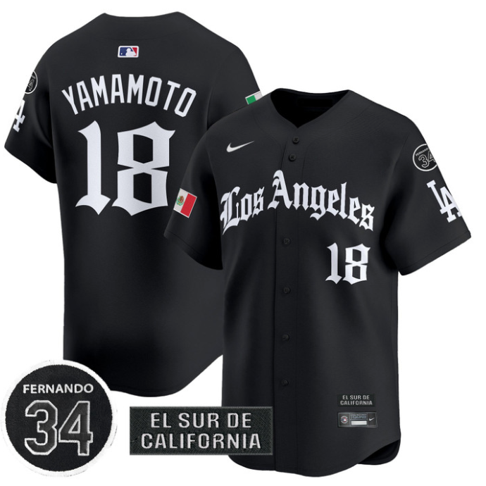 Yamamoto Jersey #18 Dodgers Mexico 2025 LA Gothic Style Patch Vapor Premier Limited Stitched Black