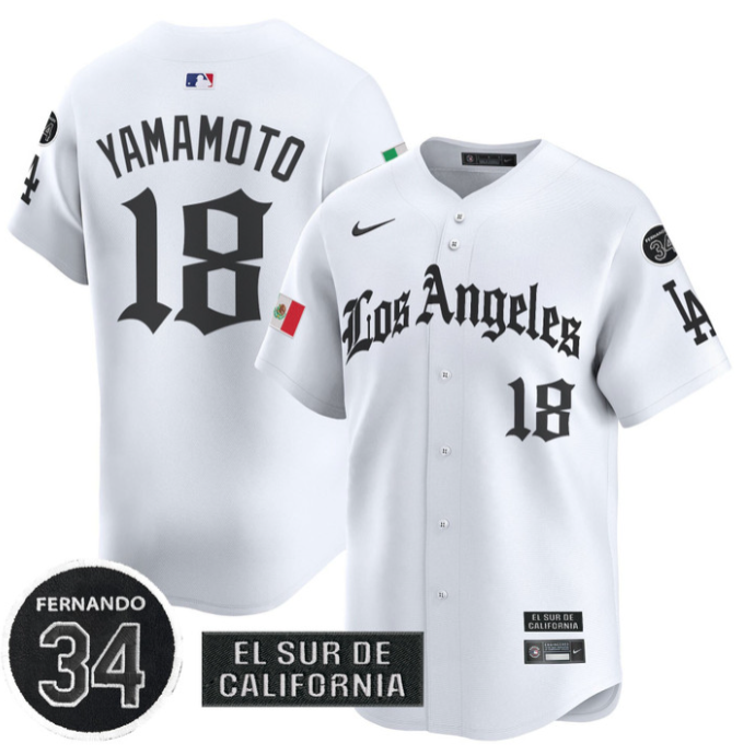 Yamamoto Jersey #18 Dodgers Mexico 2025 LA Gothic Style Patch Vapor Premier Limited Stitched White