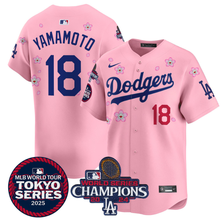 Yamamoto Jersey #18 Dodgers Tokyo Series 2025 World Series Champions Patch Cherry Blossom