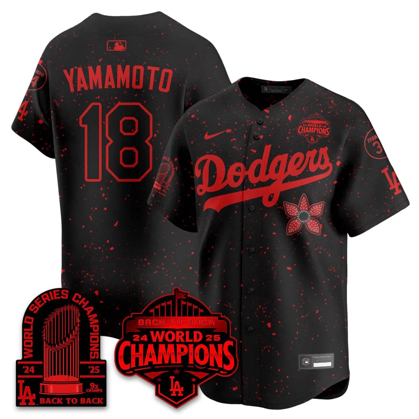 Yoshinobu Yamamoto Jersey #18 Dodgers 2025 Champions Stranger Things 9x Champs Stitched