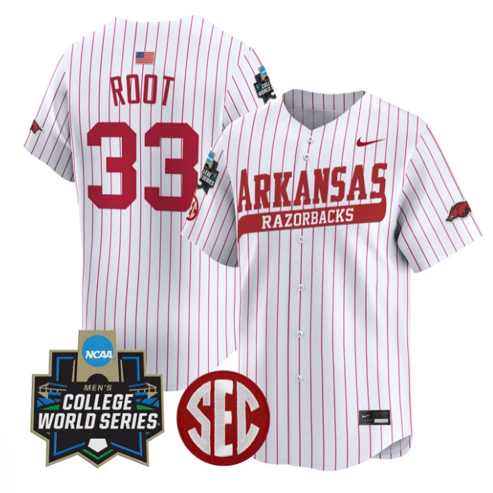Zach Root Jersey #33 Arkansas Razorbacks 2025 World Series Stitched Pinstripe