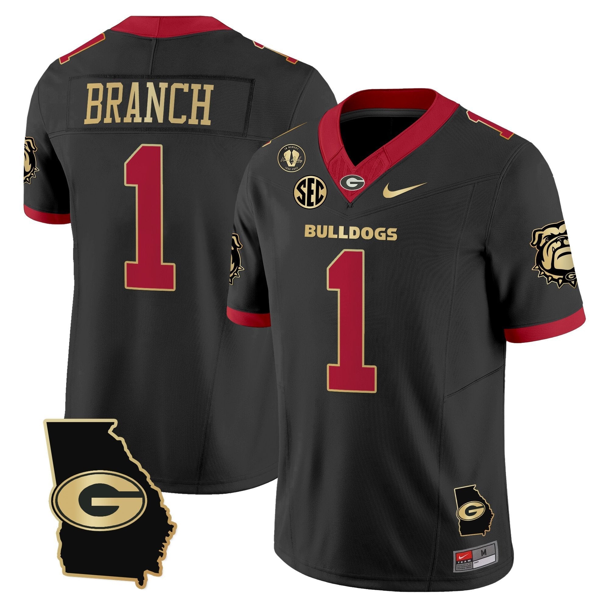 Zachariah Branch Jersey #1 Georgia Bulldogs 2025 Georgia Map, Vince Dooley Stitched Black Gold Trim