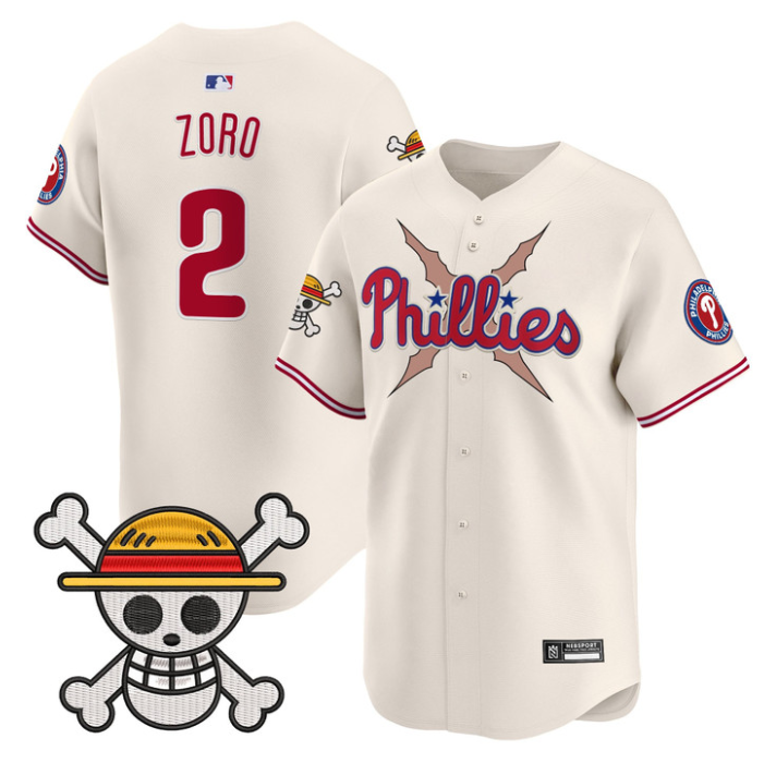 Zoro Jersey #2 Philadelphia Phillies One Piece 2025 Limited Stitched Cream