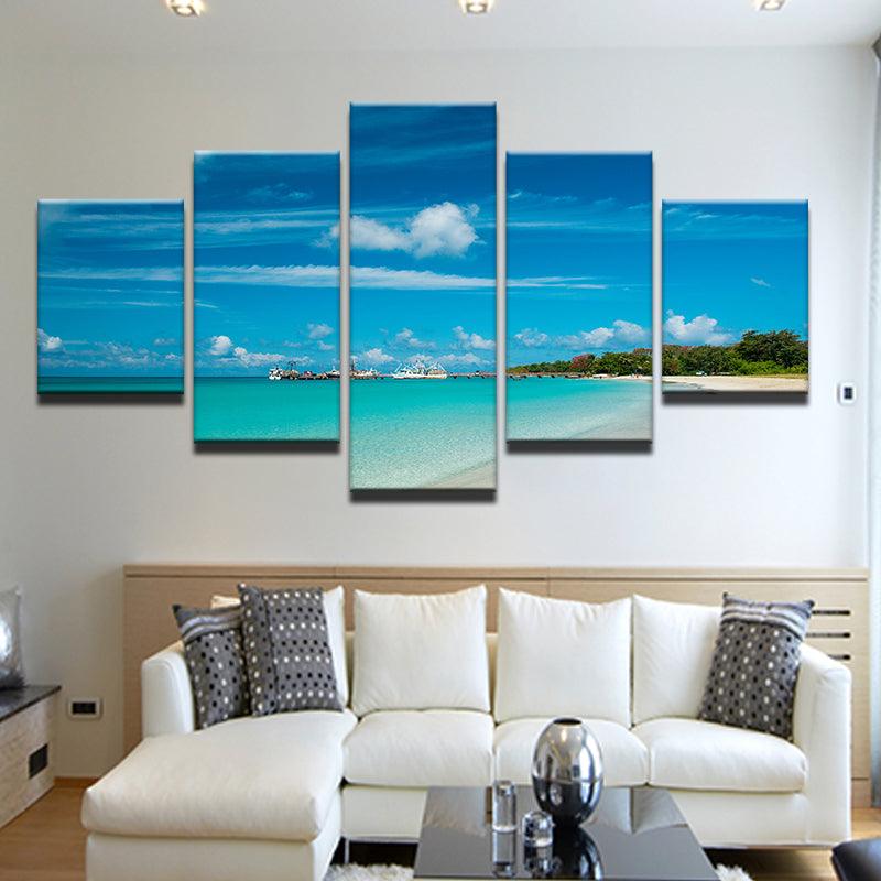 Tropical Beach Boats And Pier 5 Panel Canvas Print Wall Art