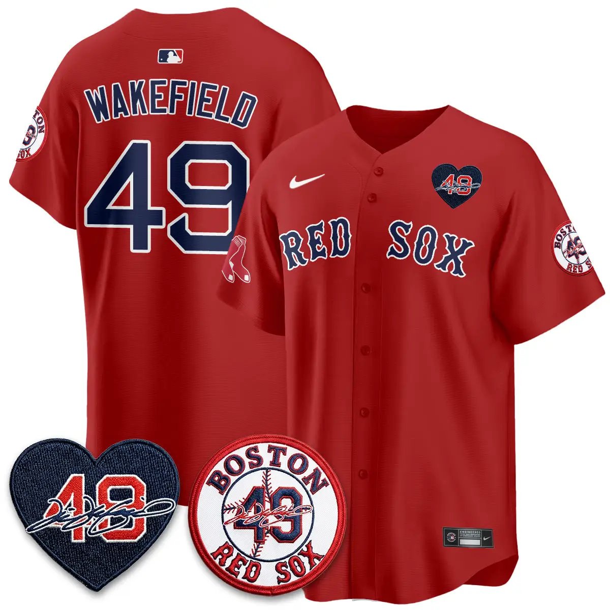 Men Boston Red Sox Tim Wakefield Memorial Patch Vaper Premier Limited Red Jersey - All Stitched
