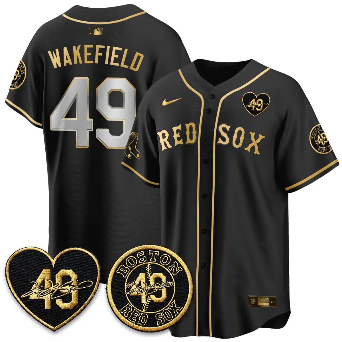Men Boston Red Sox Tim Wakefield Memorial Patch Vaper Premier Limited Gold Jersey - All Stitched