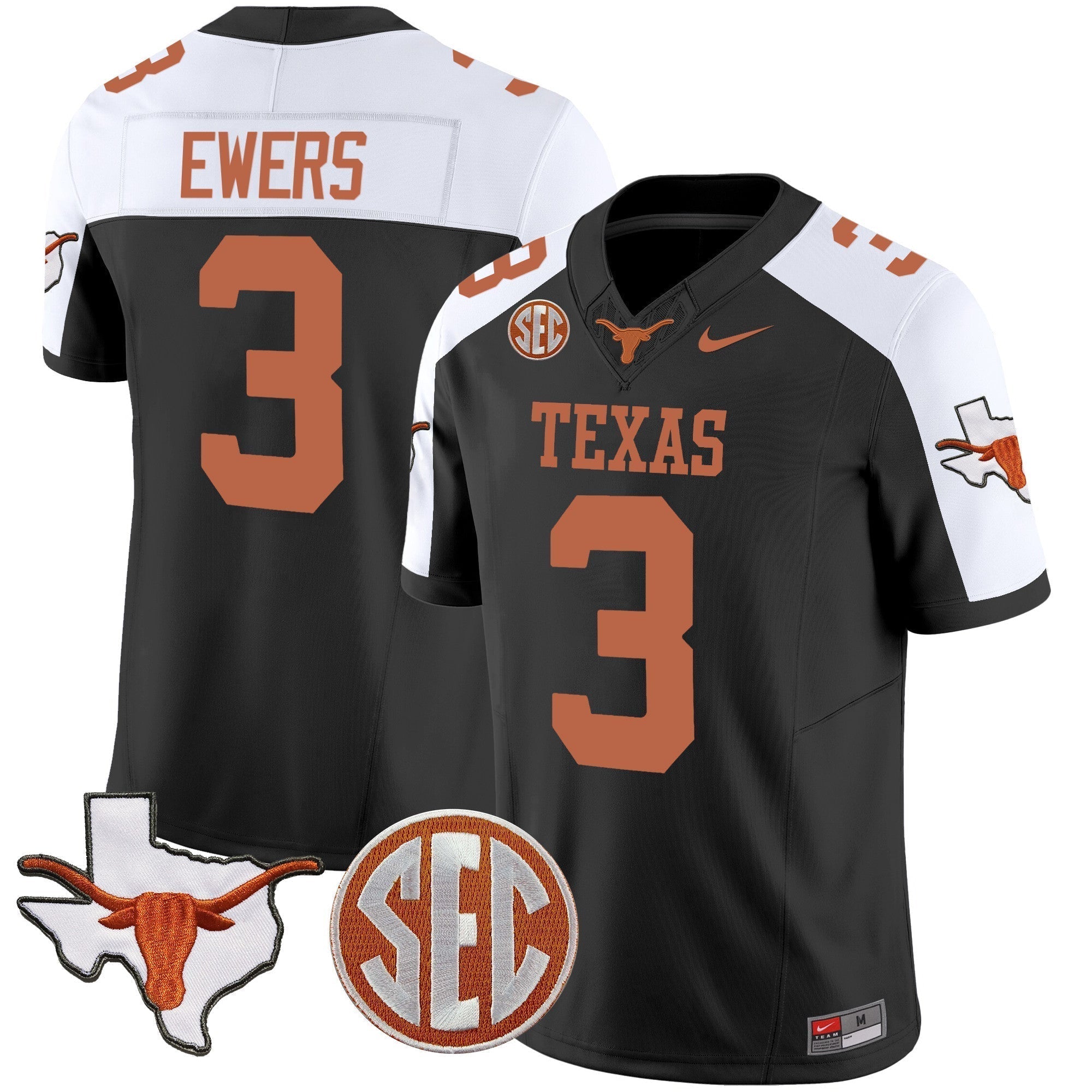 Men Texas Longhorns State Map & SEC Patch Vapor Jersey V2 - All Stitched