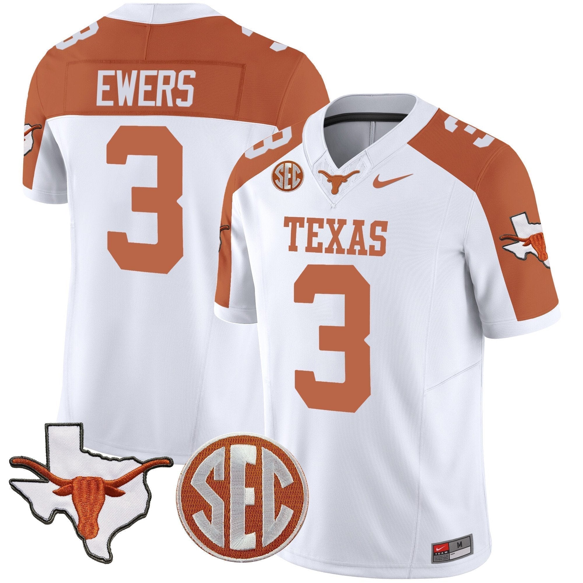Men Texas Longhorns State Map & SEC Patch Vapor Jersey V2 - All Stitched