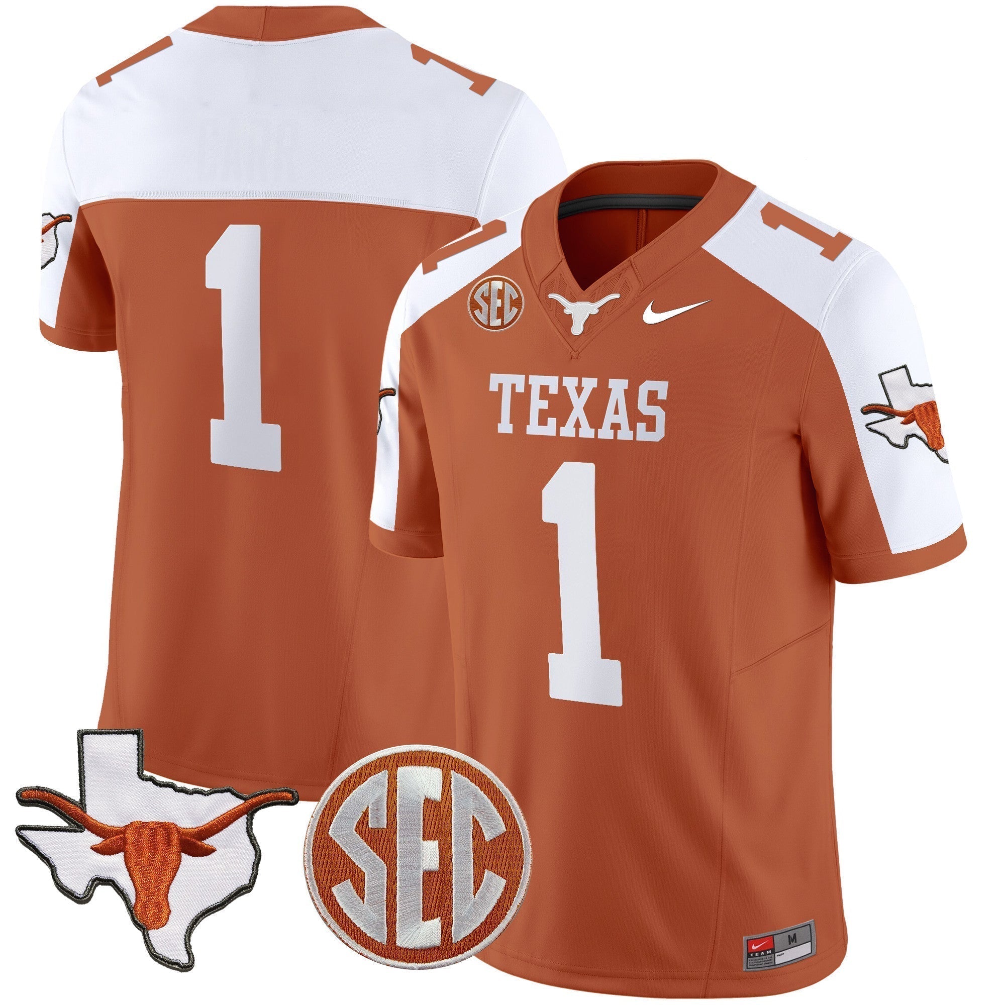Men Texas Longhorns State Map & SEC Patch Vapor Jersey V4 - All Stitched