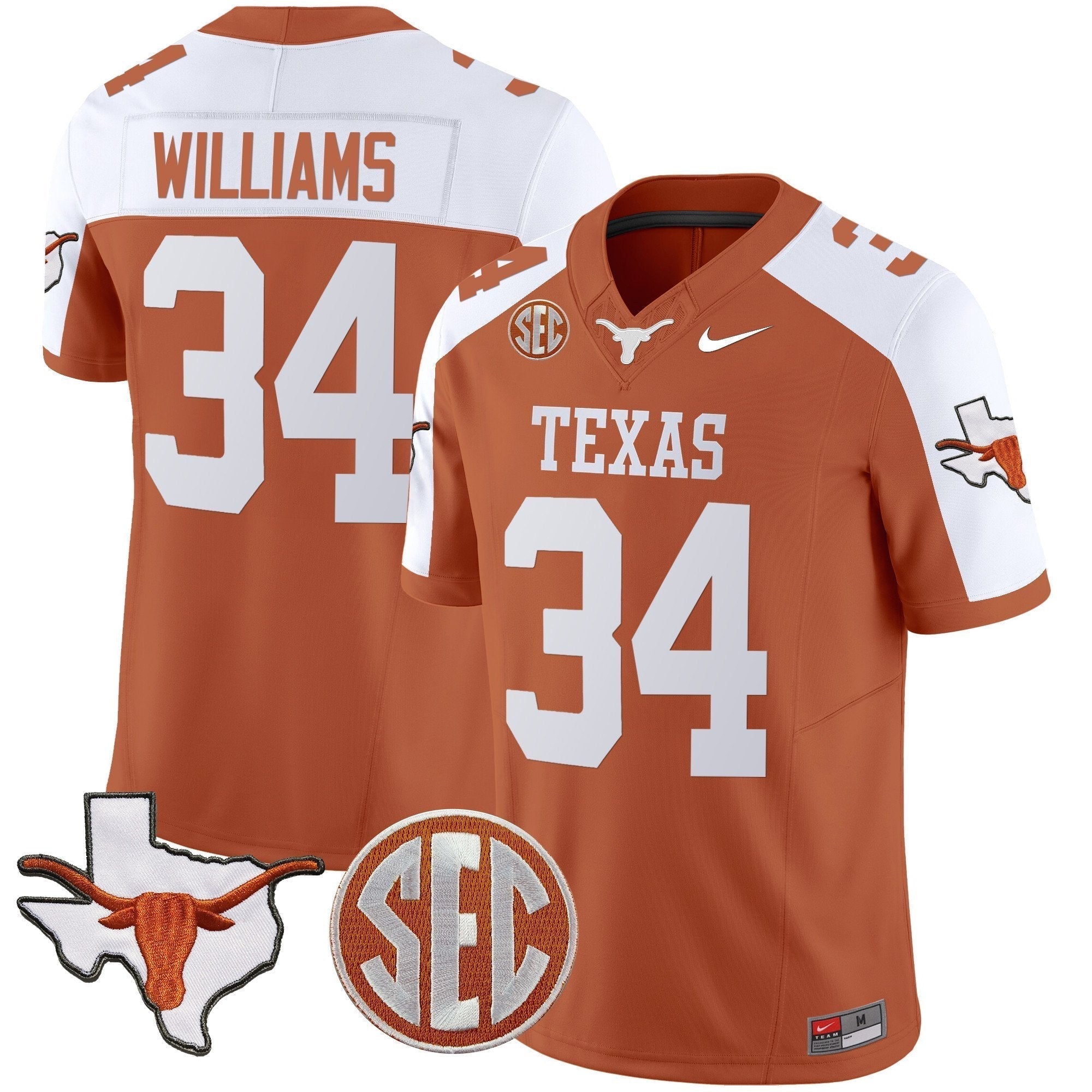 Men Texas Longhorns State Map & SEC Patch Vapor Jersey V2 - All Stitched