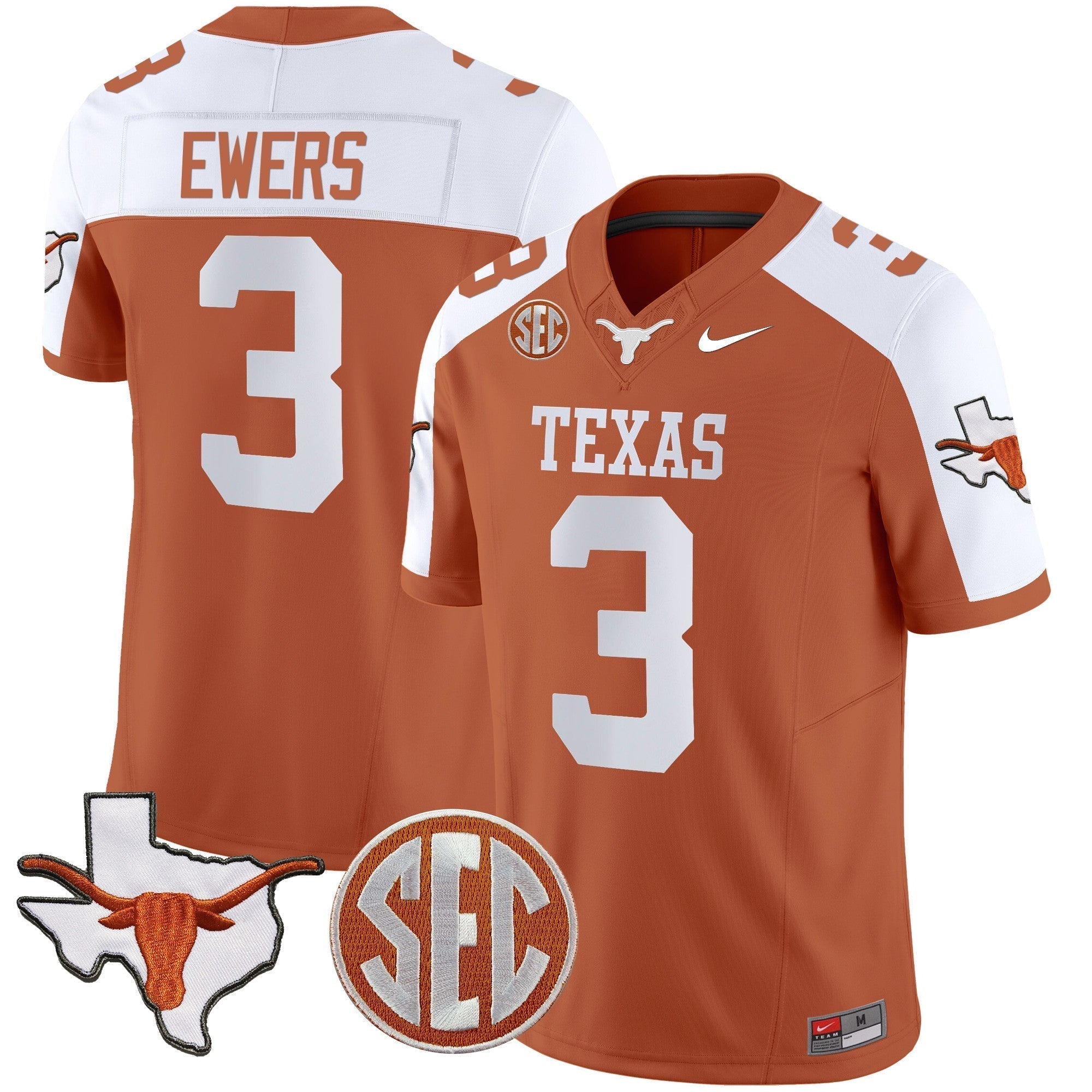 Men Texas Longhorns State Map & SEC Patch Vapor Jersey V4 - All Stitched