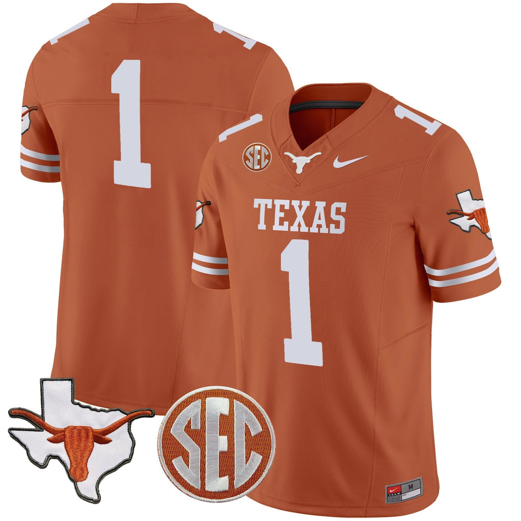 Men Texas Longhorns State Map & SEC Patch Vapor Jersey V4 - All Stitched
