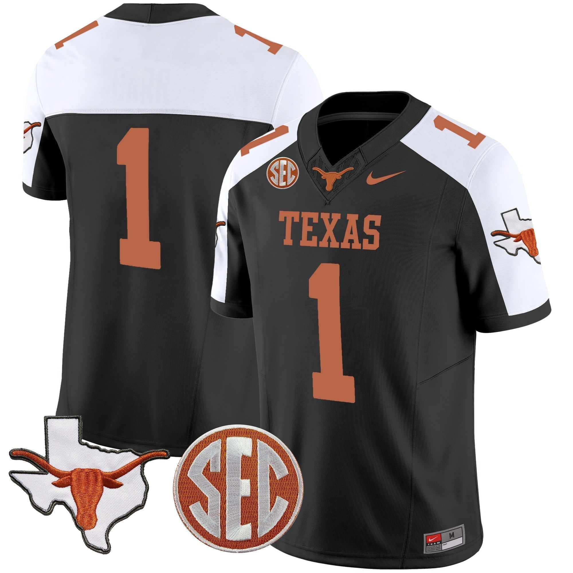 Men Texas Longhorns State Map & SEC Patch Vapor Jersey V2 - All Stitched