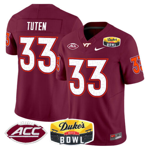 Bhayshul Tuten Jersey #33 Virginia Tech Hokies 2025 Duke’s Mayo Bowl Patch Maroon
