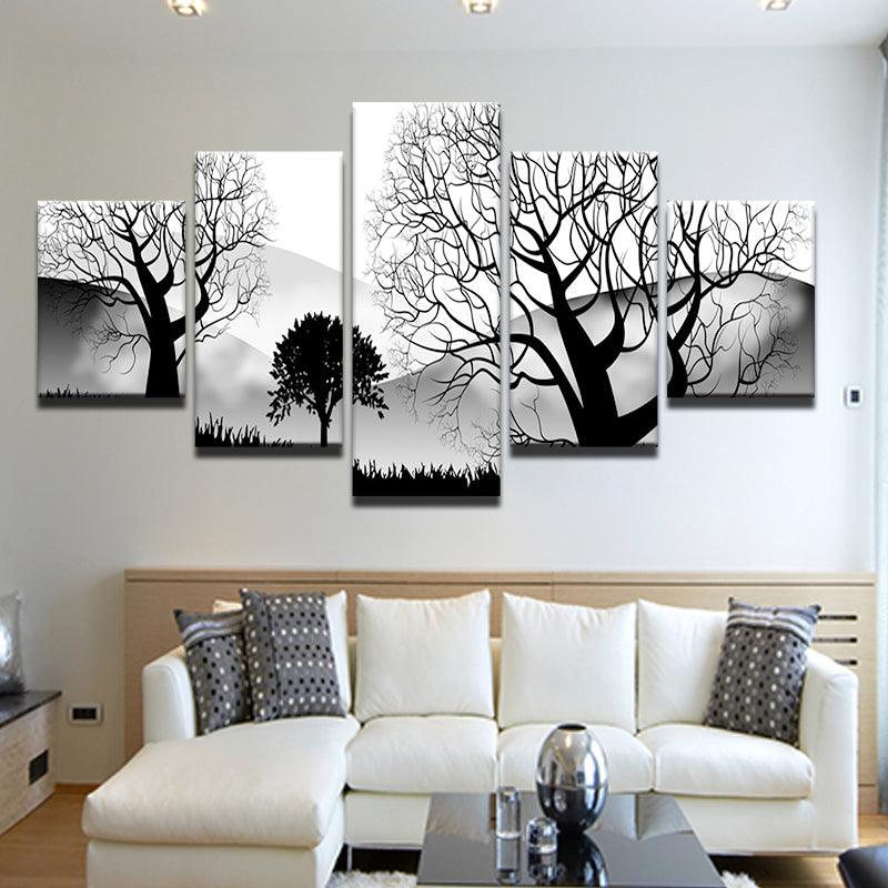 Modern Abstract Trees In Black And White 5 Panel Canvas Print Wall Art